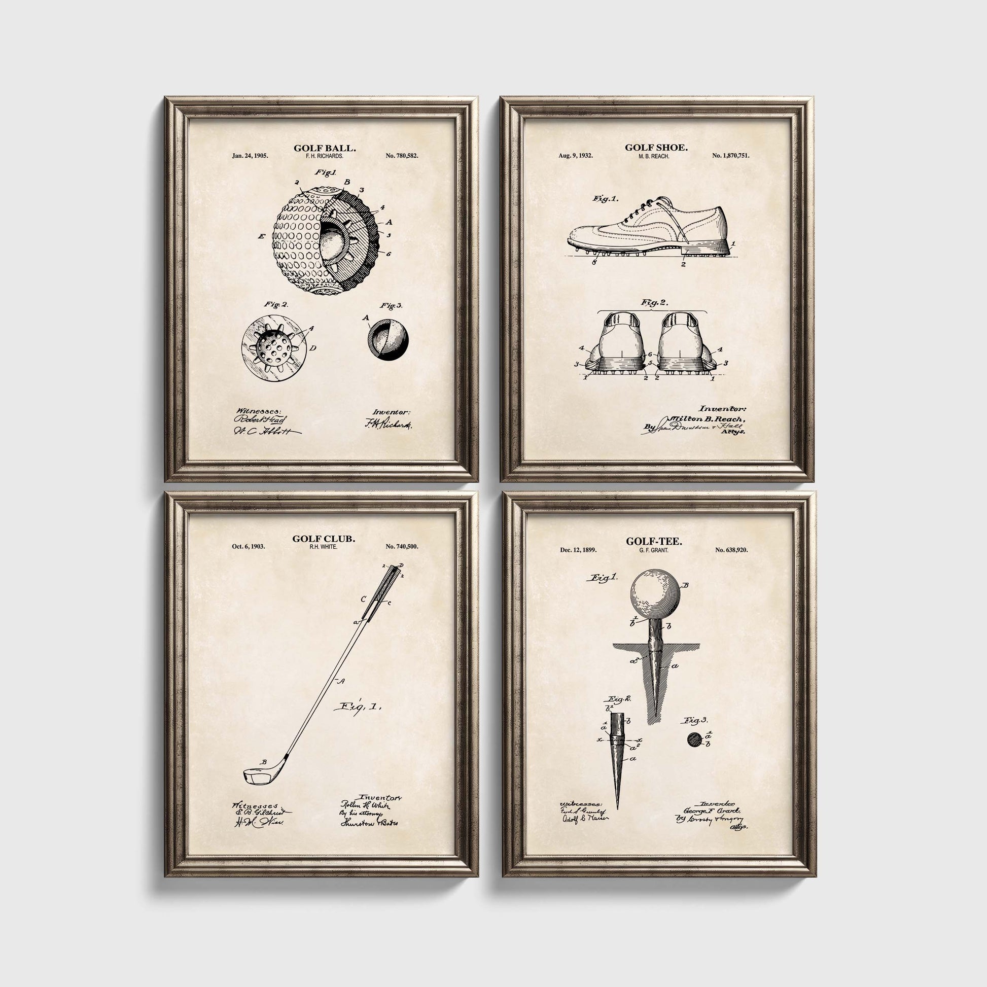 Set of four framed golf-themed patent prints on a white wall.
