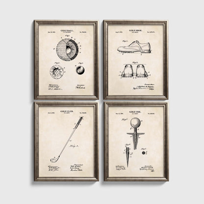 Set of four framed golf-themed patent prints on a white wall.