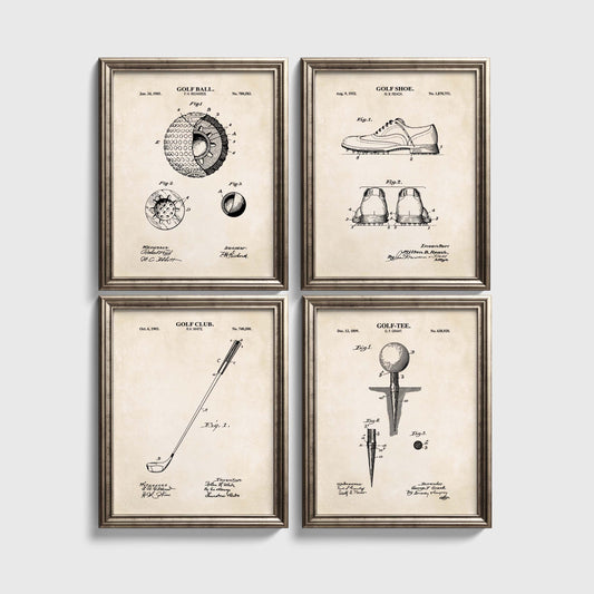 Set of four framed golf-themed patent prints on a white wall.