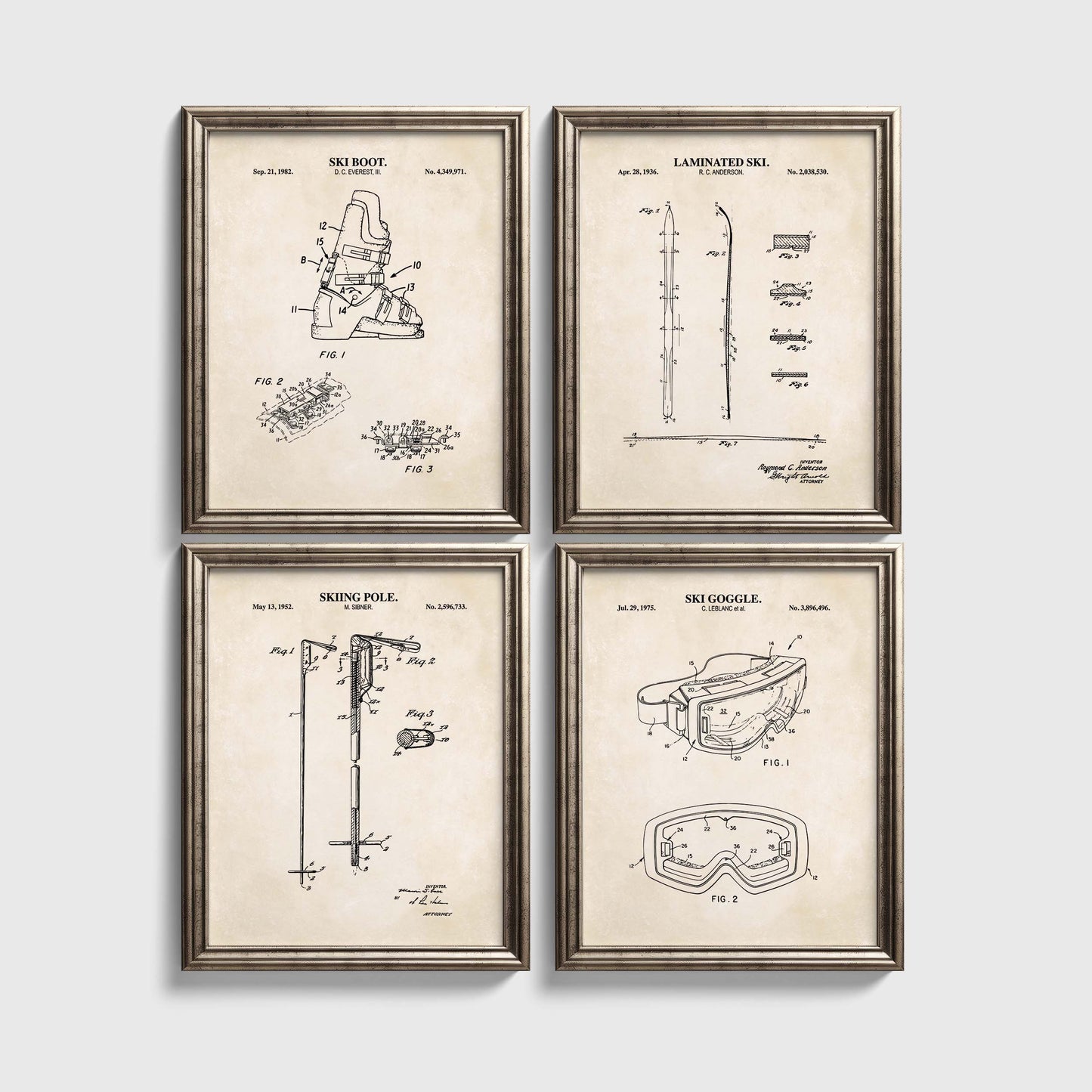 Skiing Patent Wall Art Set - Boot, Ski, Pole and Goggle - Ready to Frame Prints