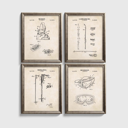 Skiing Patent Wall Art Set - Boot, Ski, Pole and Goggle - Ready to Frame Prints