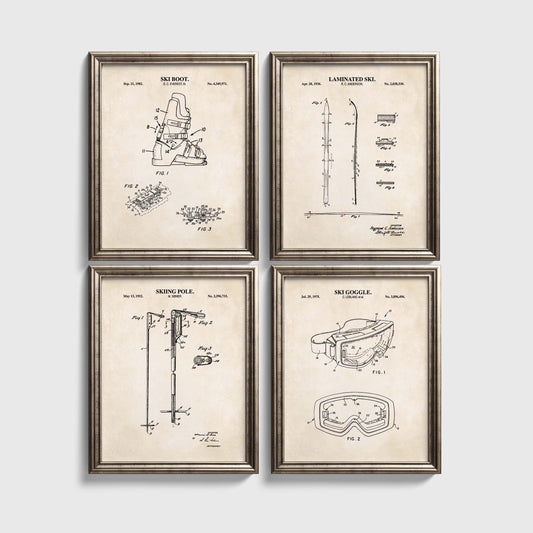 Skiing Patent Wall Art Set - Boot, Ski, Pole and Goggle - Ready to Frame Prints