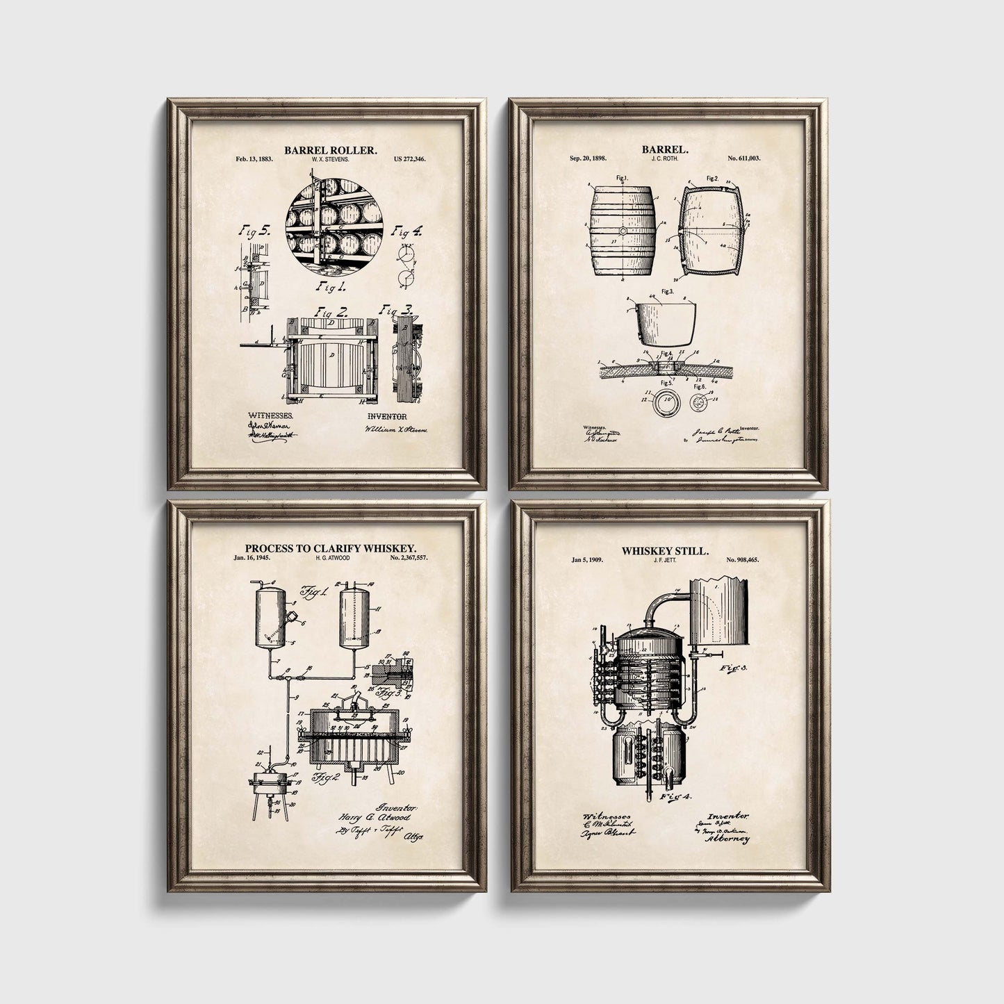 Four framed prints with vintage whiskey production process illustration prints on a white background