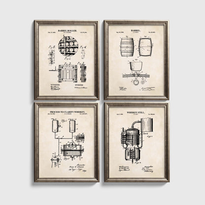 Four framed prints with vintage whiskey production process illustration prints on a white background
