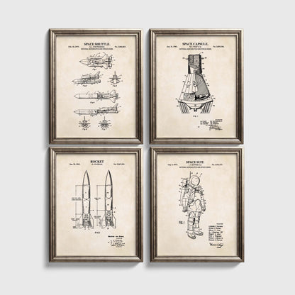 Four framed prints of space-themed patent illustrations on a white background