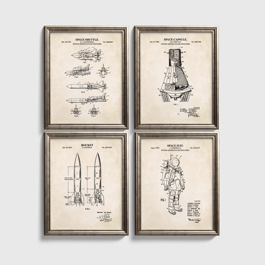 Four framed prints of space-themed patent illustrations on a white background