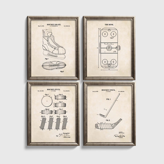 Four-piece hockey wall art set showing skate, puck and stick patent illustrations with a hockey rink diagram in a coordinated vintage style.