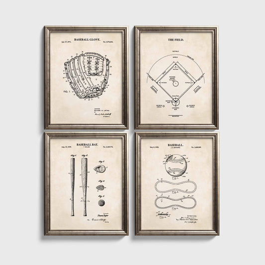 Baseball patent and technical diagram print set with vintage beige background, framed on neutral wall.