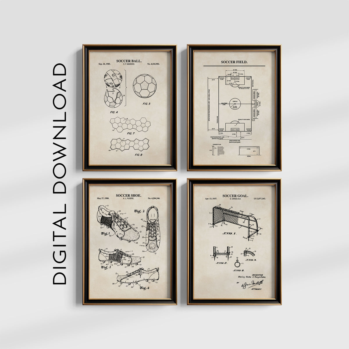Four-piece soccer digital wall art set featuring ball, shoe and goal patent illustrations and a field diagram on vintage backgrounds, displayed in a grid.