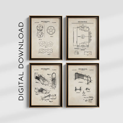 Four-piece soccer digital wall art set featuring ball, shoe and goal patent illustrations and a field diagram on vintage backgrounds, displayed in a grid.