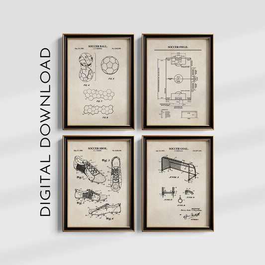 Four-piece soccer digital wall art set featuring ball, shoe and goal patent illustrations and a field diagram on vintage backgrounds, displayed in a grid.
