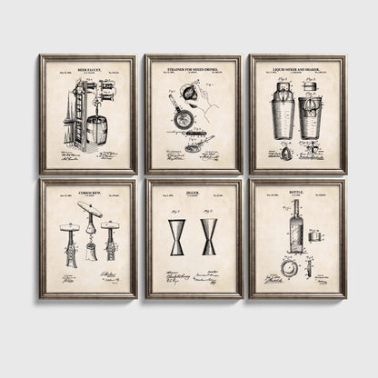 Bar Cart Patent Print Wall Art - Set of 6 Physical Prints