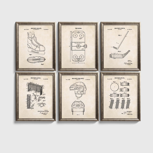 Set of 6 hockey prints shown framed with a vintage background against a neutral wall. Hockey skate, rink, stick, goal, helmet and puck are shown in illustrations.