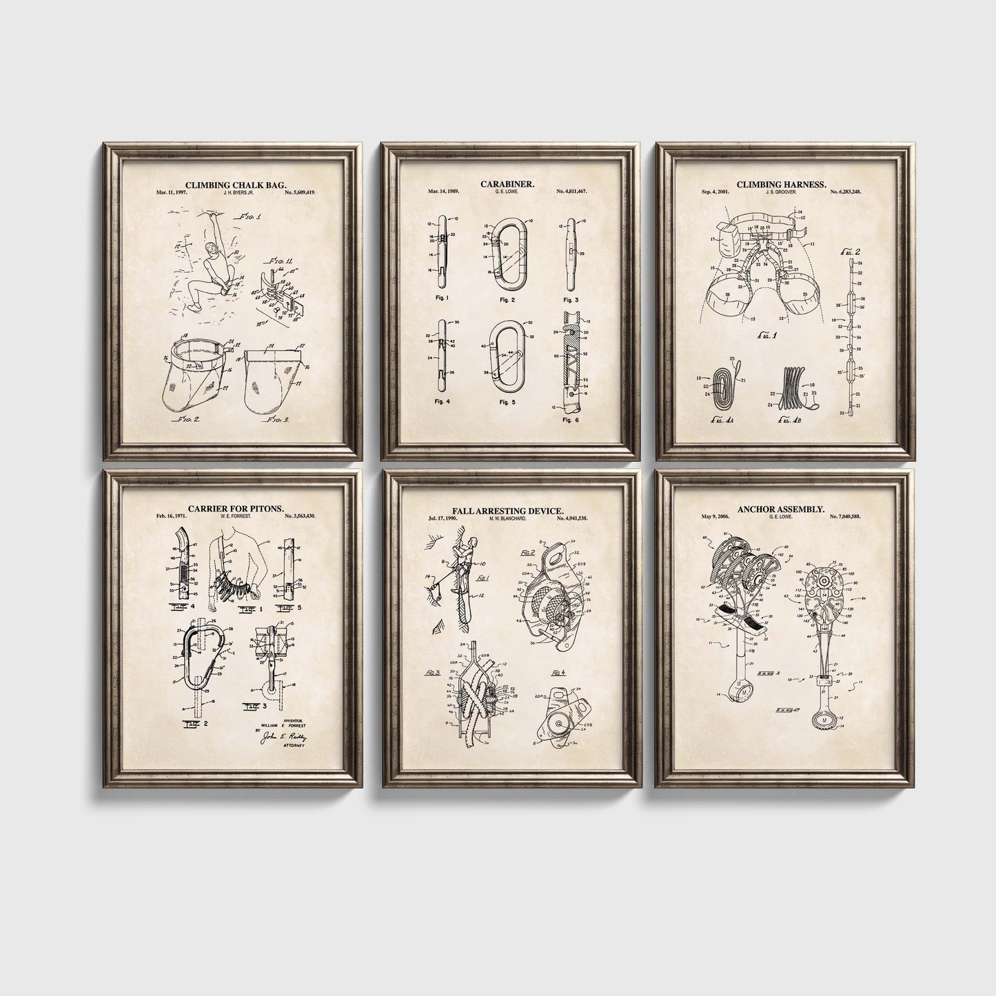 Rock Climbing Patent Print Wall Art - Set of 6 Physical Prints