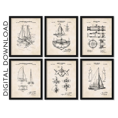 Nautical Sailing Patent Print Wall Art - Vintage Coastal Set of 6 - PRINTABLE DIGITAL DOWNLOAD