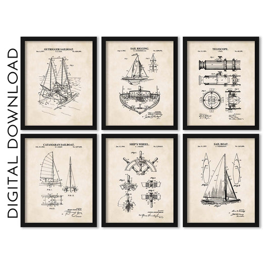 Nautical Sailing Patent Print Wall Art - Vintage Coastal Set of 6 - PRINTABLE DIGITAL DOWNLOAD