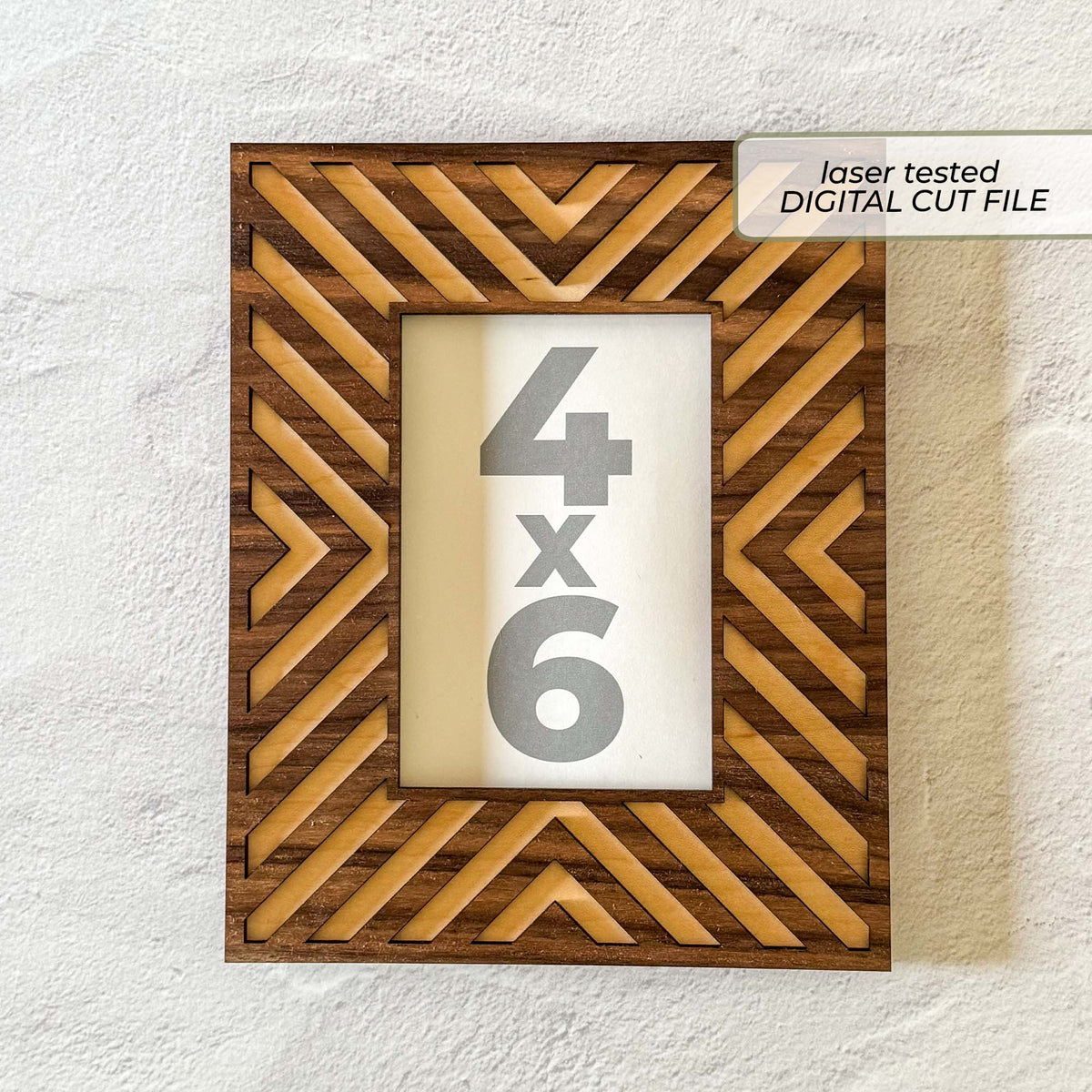 Geometric photo frame SVG laser cut file for an 8 by 10 frame holding a 4 by 6 photograph vertically or horizontally.