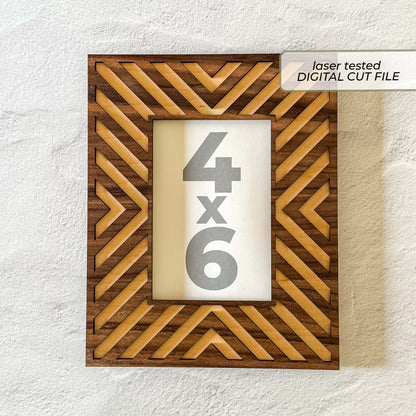 Geometric photo frame SVG laser cut file for an 8 by 10 frame holding a 4 by 6 photograph vertically or horizontally.