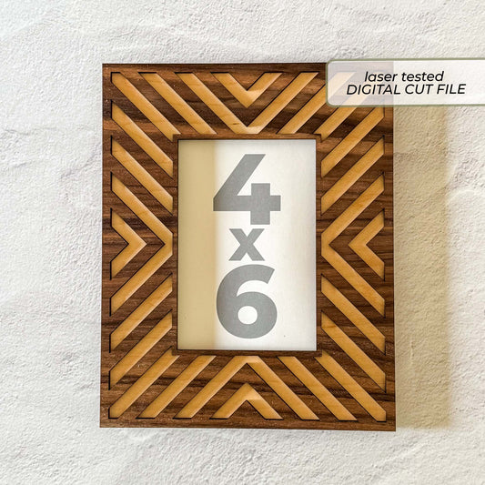 Geometric photo frame SVG laser cut file for an 8 by 10 frame holding a 4 by 6 photograph vertically or horizontally.