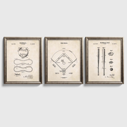 Three framed baseball-themed prints on a light gray background