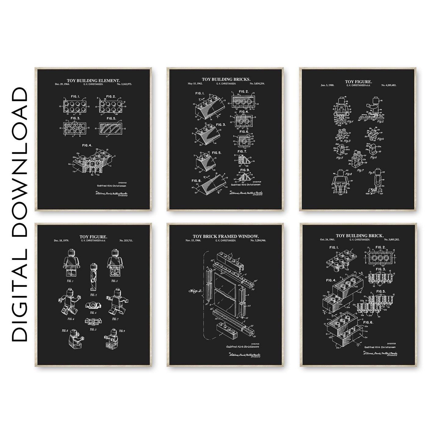 Toy Brick Patent Print Wall Art - Set of 6 - PRINTABLE DIGITAL DOWNLOAD