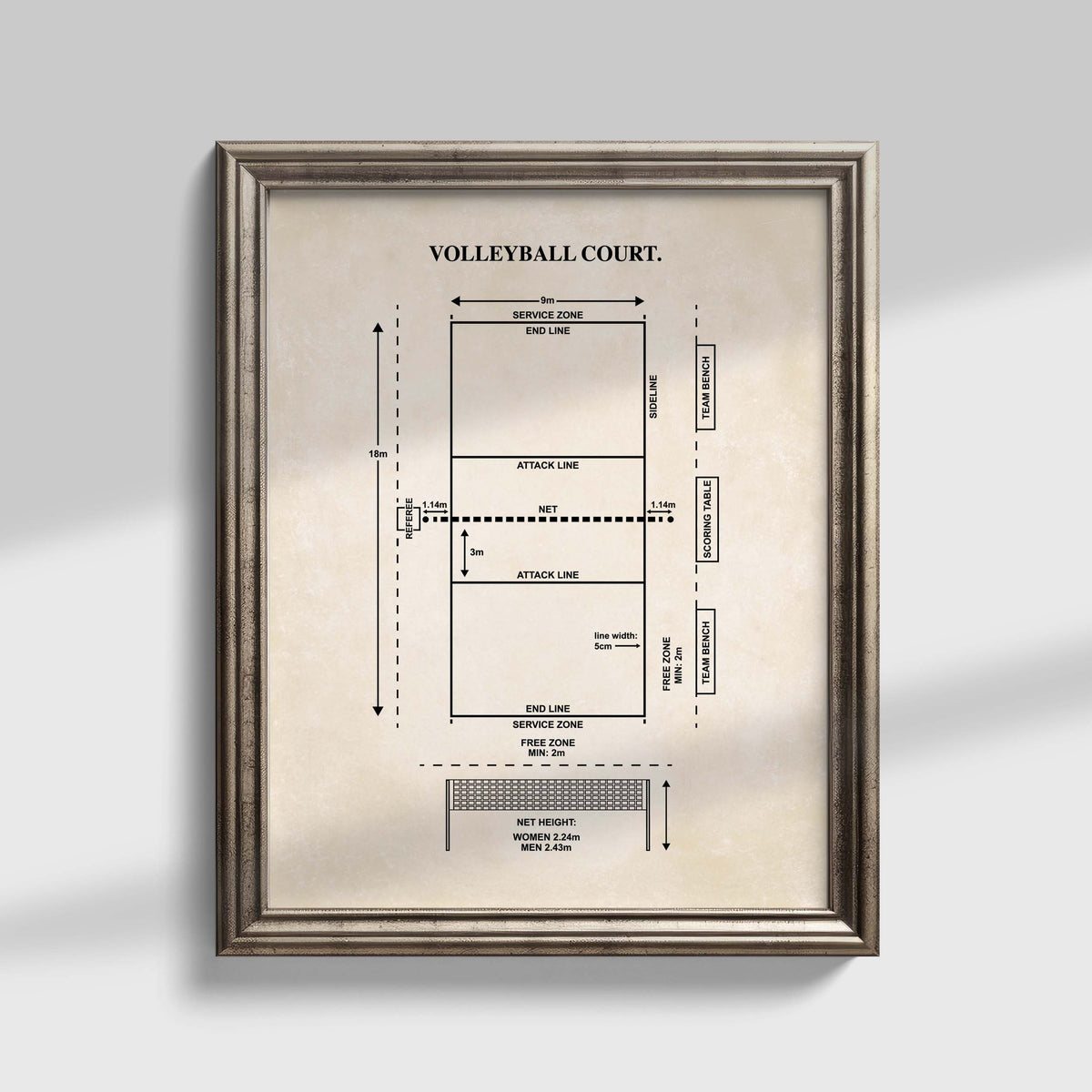 Framed volleyball court diagram wall art showing court dimensions, playing zones and net measurements on a vintage background.