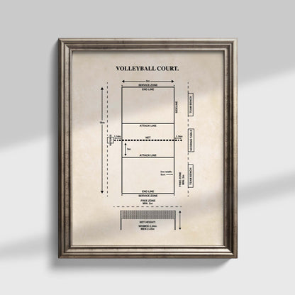 Framed volleyball court diagram wall art showing court dimensions, playing zones and net measurements on a vintage background.