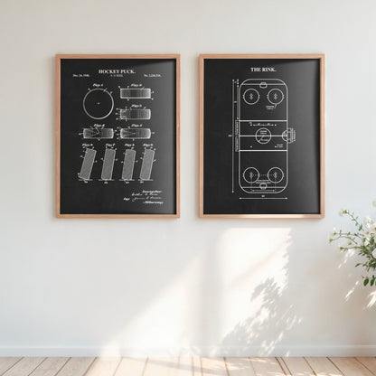 Hockey Wall Art Set - Puck Patent & Rink Diagram - Ready to Frame Prints