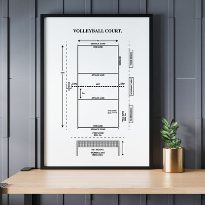 White volleyball court diagram wall art displayed in a black frame on a shelf in a gray room