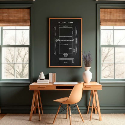 Chalkboard volleyball court diagram print framed above a modern home office desk.