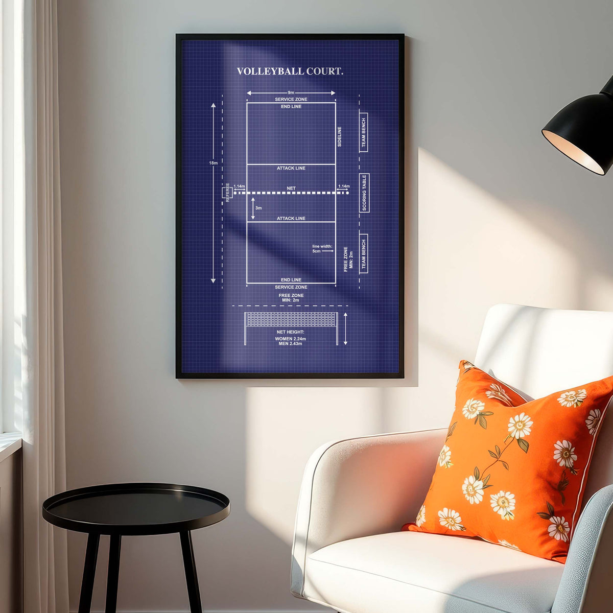 Blueprint volleyball diagram framed on white wall above chair in masculine sitting room.