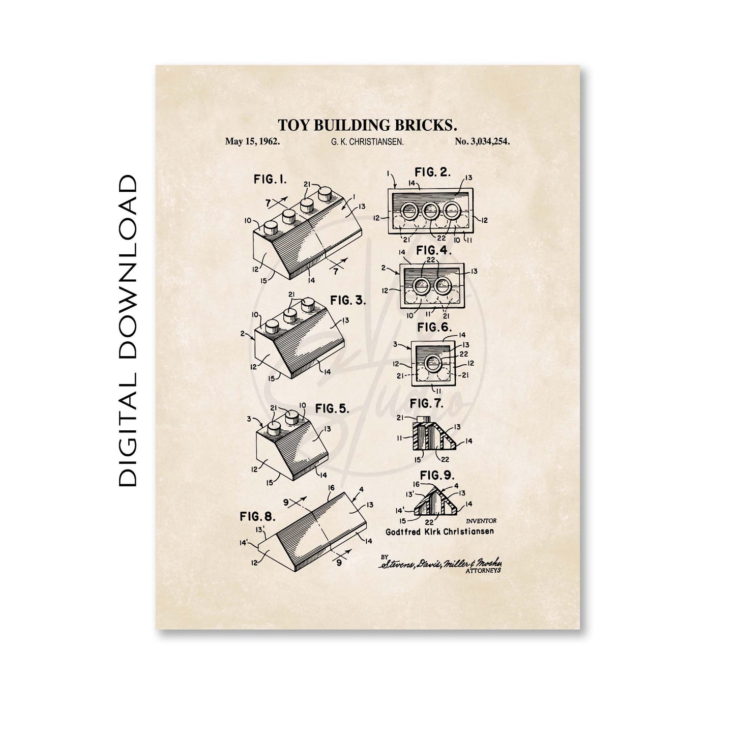 Angled Toy Brick Patent Wall Art - PRINTABLE DIGITAL DOWNLOAD