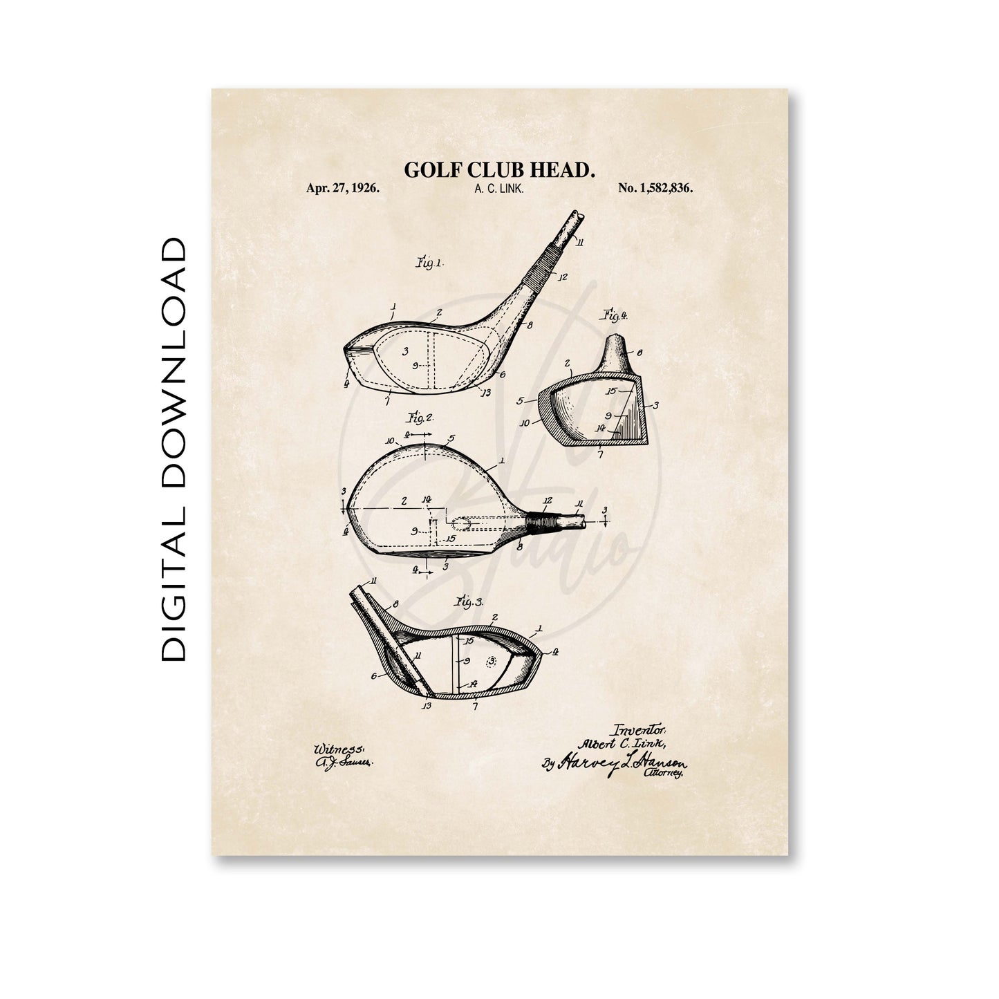 Golf club head patent illustration on a beige background