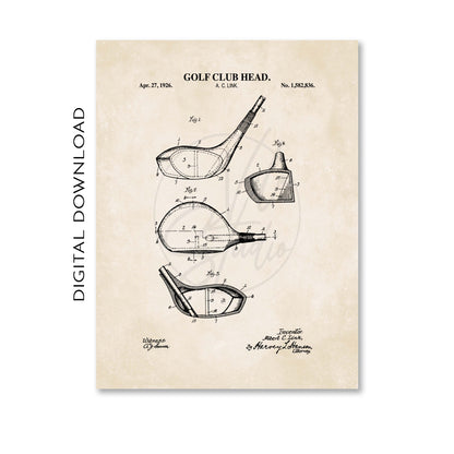 Golf club head patent illustration on a beige background