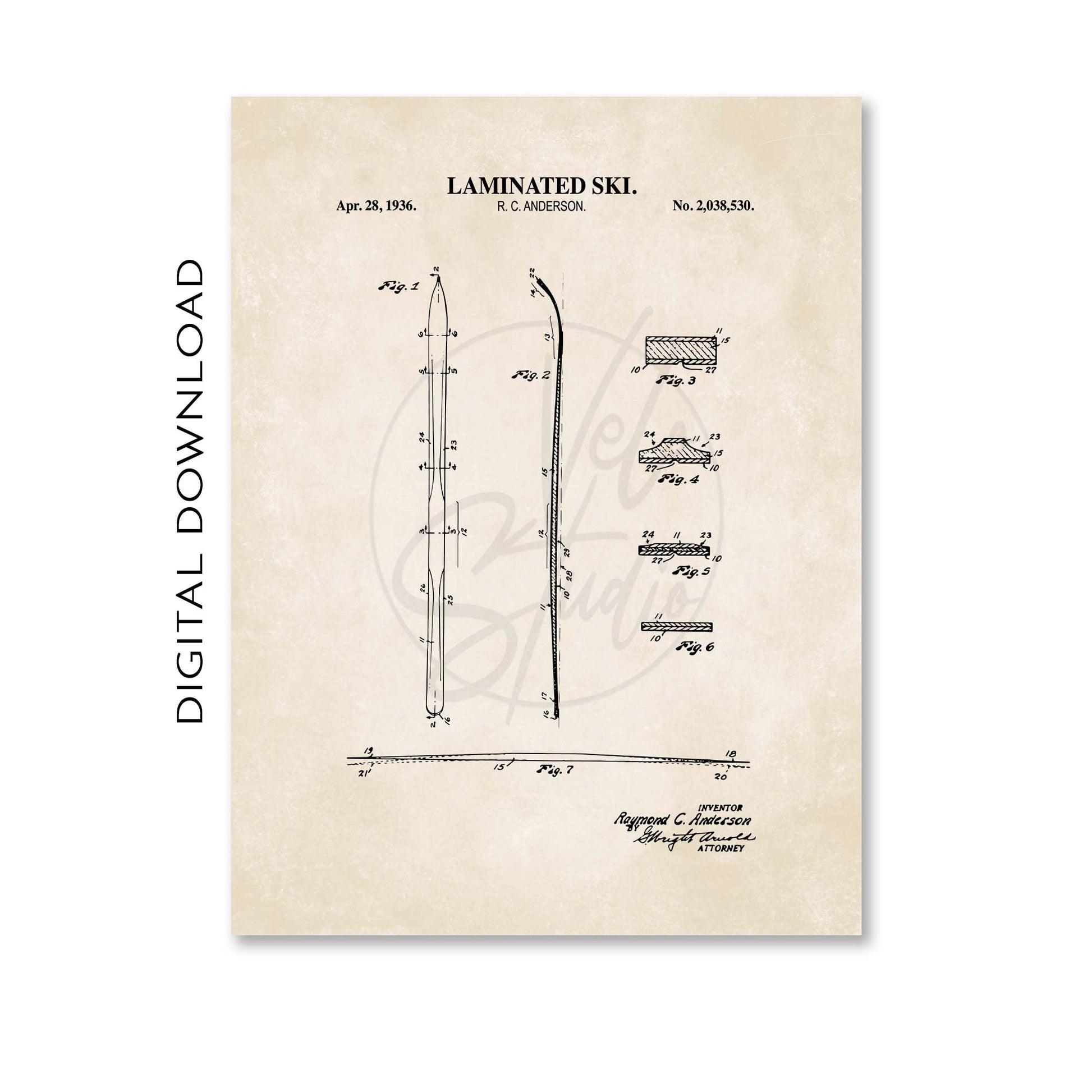Patent illustration of a laminated ski on a beige background