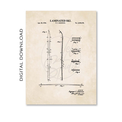 Patent illustration of a laminated ski on a beige background