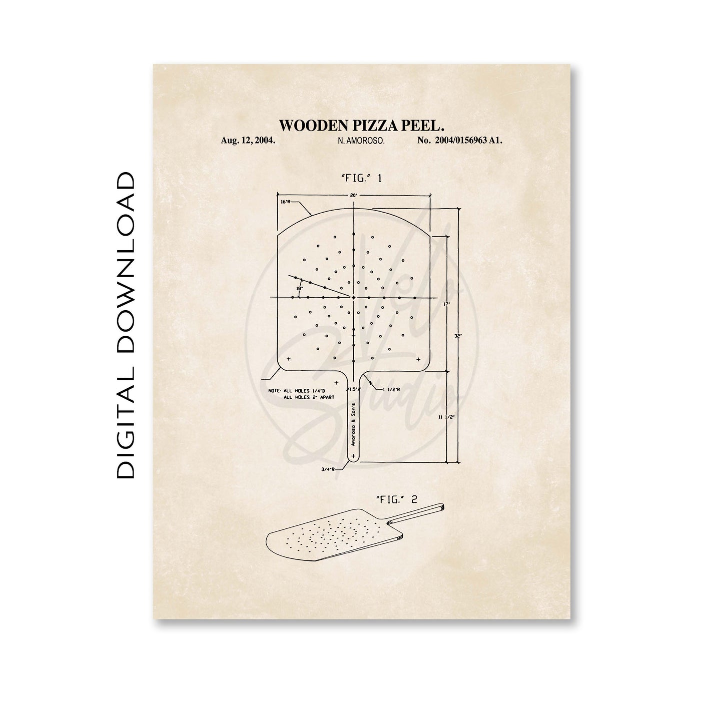 Pizza Peel Patent Wall Art  - PRINTABLE DIGITAL DOWNLOAD