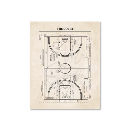 Basketball court diagram on a beige background