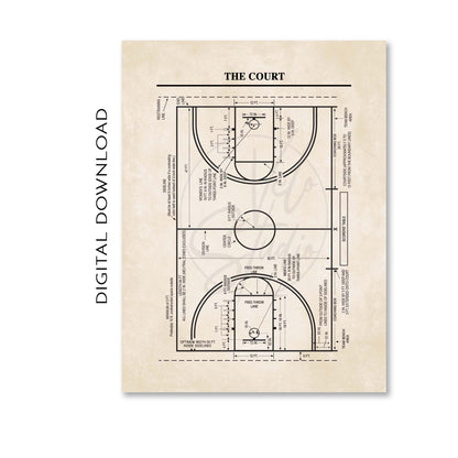 Basketball Court Diagram Wall Art - PRINTABLE DIGITAL DOWNLOAD