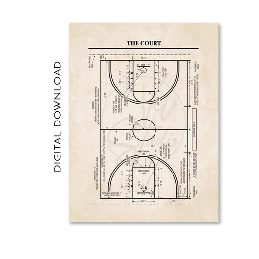 Basketball Court Diagram Wall Art - PRINTABLE DIGITAL DOWNLOAD