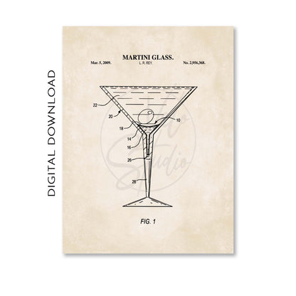 Martini Glass Patent Wall Art Print - PRINTABLE DIGITAL DOWNLOAD