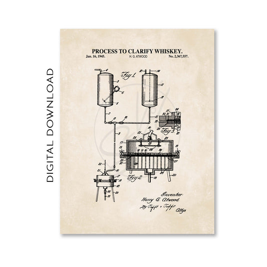Vintage-style diagram of a whiskey clarification process on a beige background