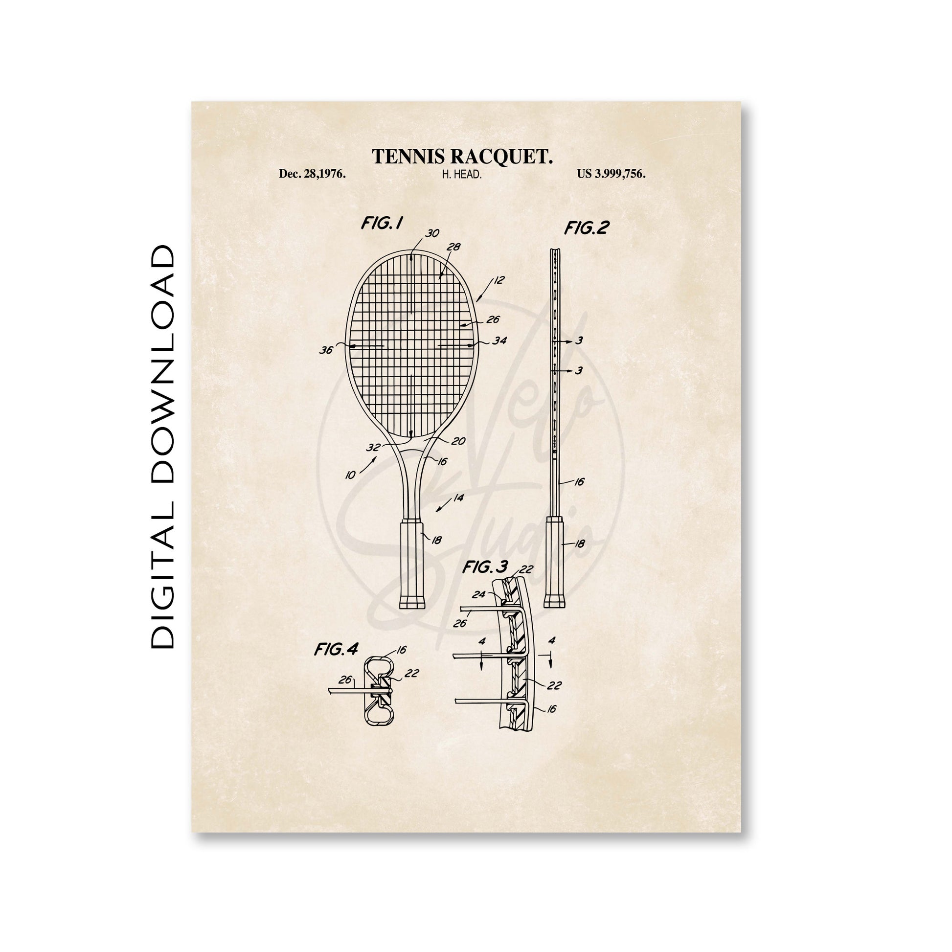 Patent illustration of a tennis racquet on a beige background