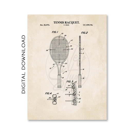 Patent illustration of a tennis racquet on a beige background