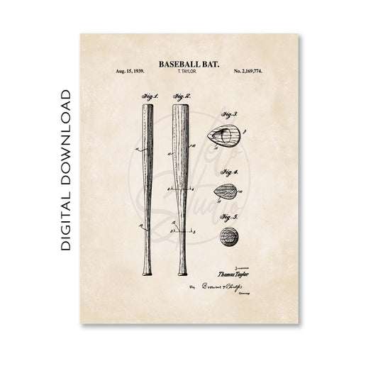 Baseball Bat Patent Wall Art - PRINTABLE DIGITAL DOWNLOAD