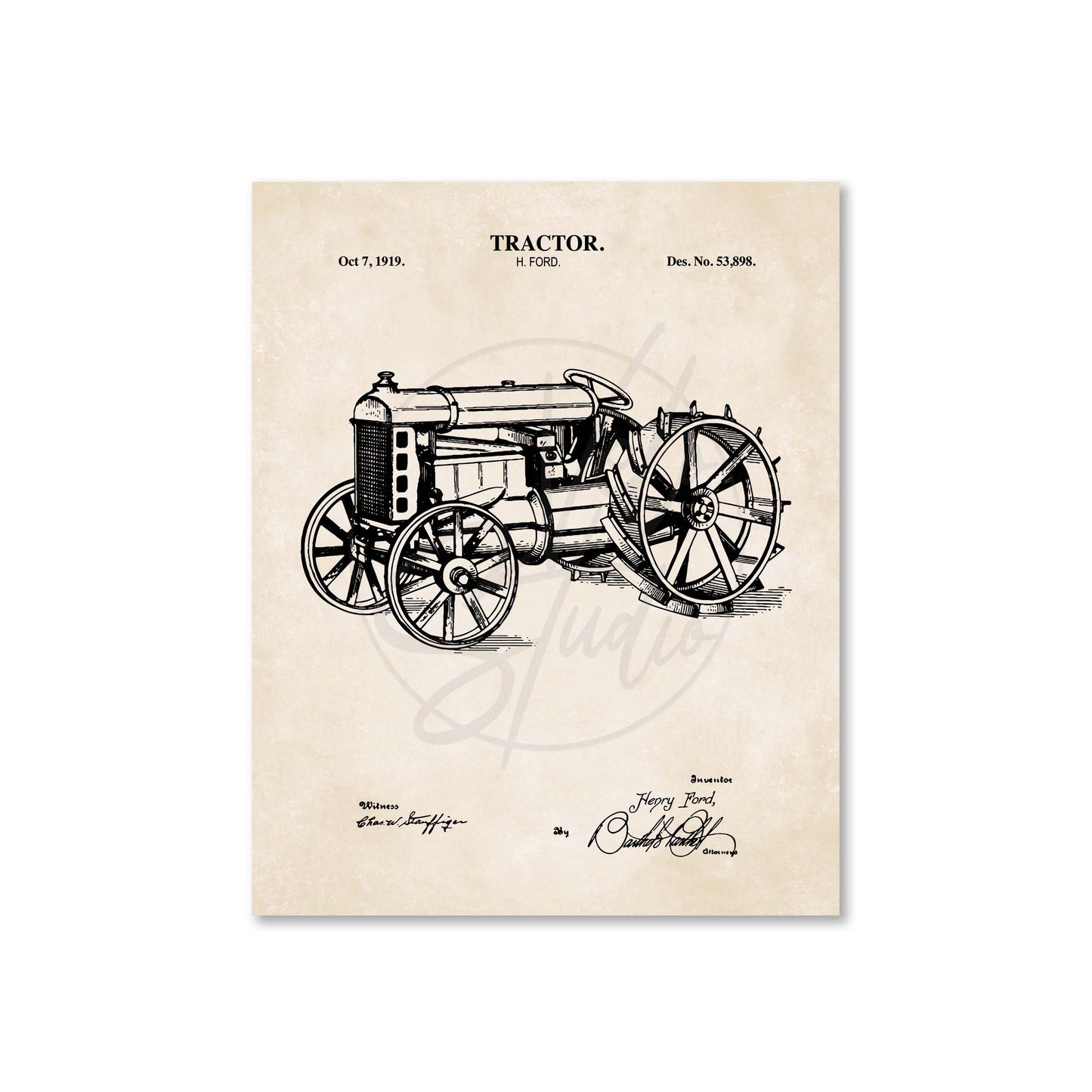 Vintage tractor illustration on a beige background with text