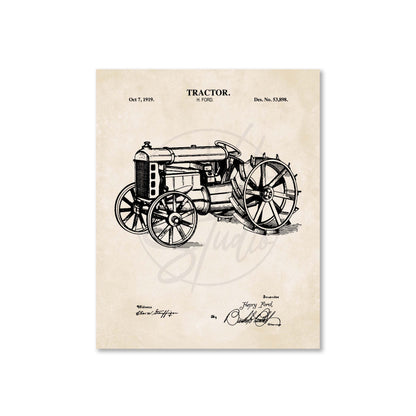 Vintage tractor illustration on a beige background with text
