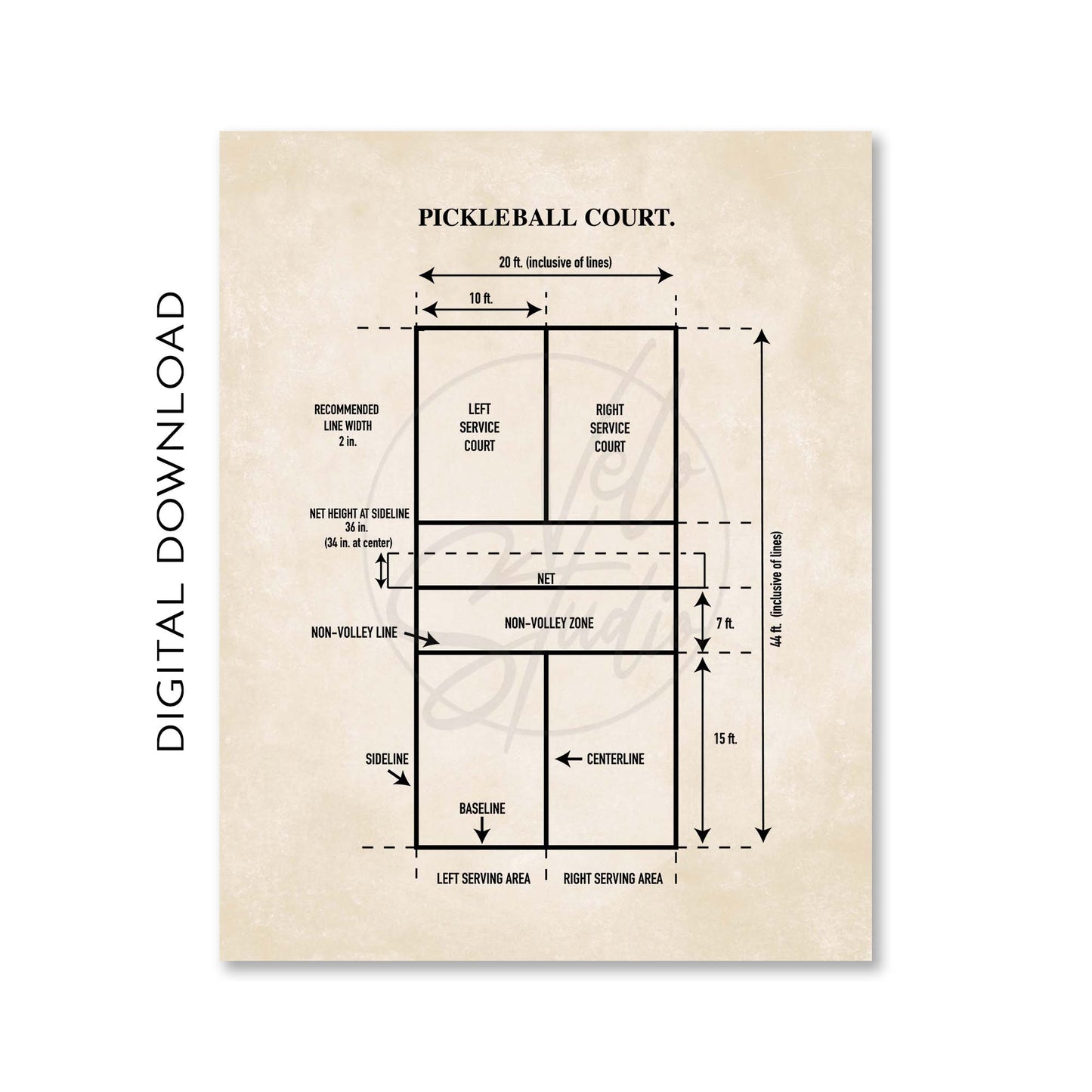 Pickleball Court Diagram Wall Art Print - PRINTABLE DIGITAL DOWNLOAD