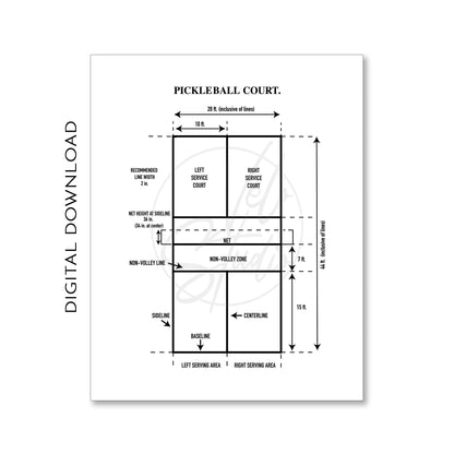 Pickleball Court Diagram Wall Art Print - PRINTABLE DIGITAL DOWNLOAD