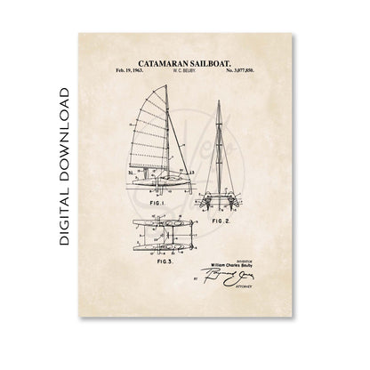 Catamaran Sailboat Patent Wall Art - Nautical Coastal Print - PRINTABLE DIGITAL DOWNLOAD